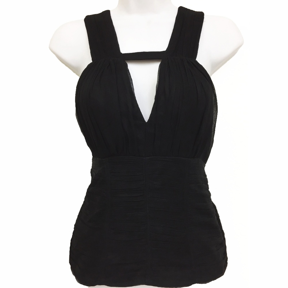 BEBE Silk Top Black Keyhole Banded Ruched Sz S